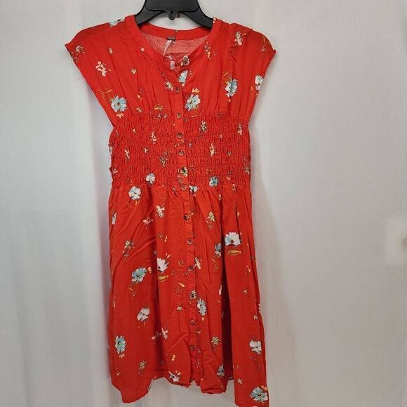 Free People Size Small Greatest Day Orange Floral Print Smocked Mini Dress T - Picture 4 of 10